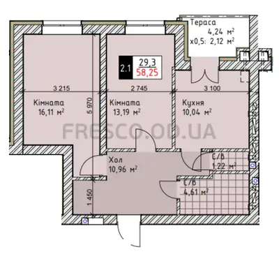 Двухкомнатная · 58.25 м² · ЖК Чайка Люкс