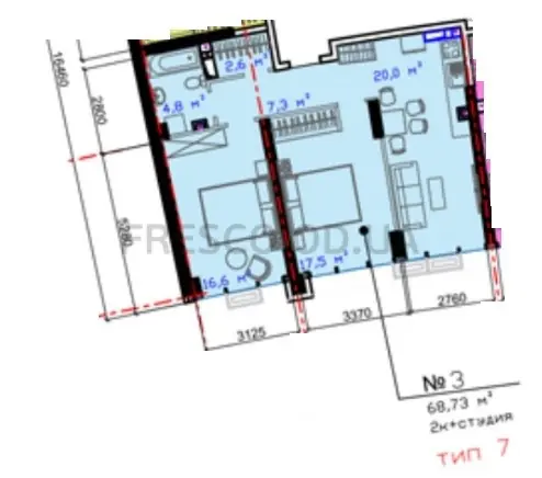 2-room apartment · 68.73 m² · Avtorsky Rayon