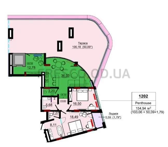 3-room apartments · 154.0 m² · Prostranstvo (Arkadia)
