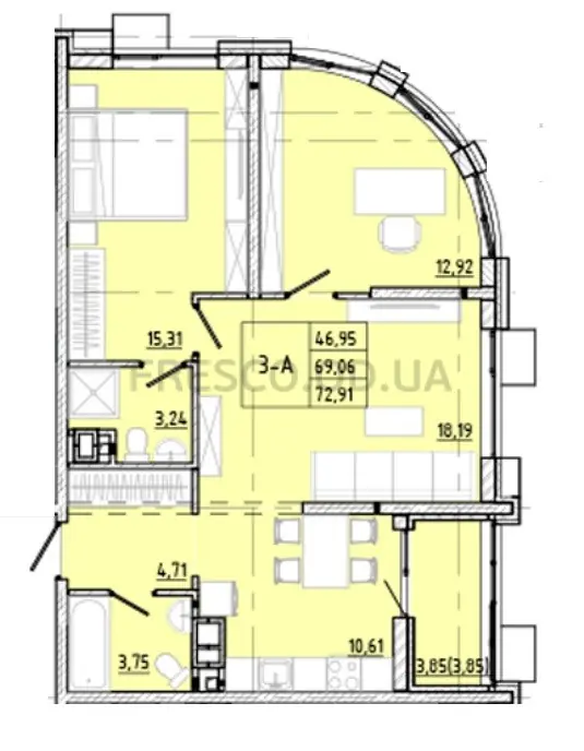 3-room apartment · 73.2 m² · Modern