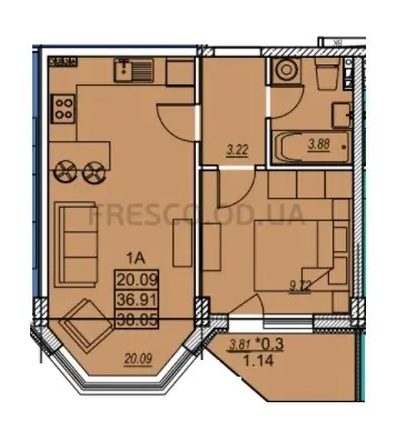 1-room apartment · 38.0 m² · MERIDIAN
