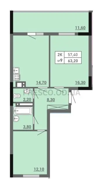 2-room apartment · 67.9 m² · Aquarelle 3