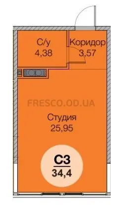 Studio · 34.4 m² · Novaya Evropa