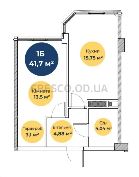 1-room apartment · 41.7 m² · Novaya Evropa