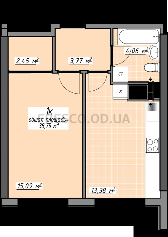 1-room apartment · 38.75 m² · Odessa Traditions on Glushko