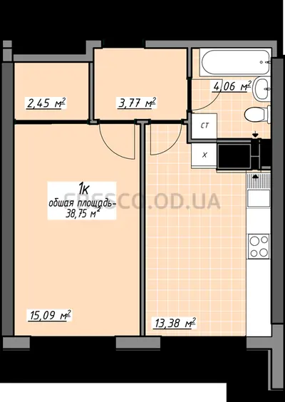Однокомнатная · 38.75 м² · ЖК Одесские традиции на Глушко
