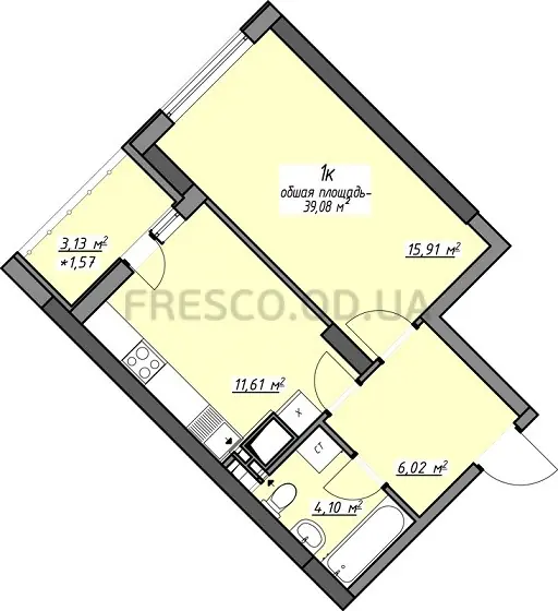 1-room apartment · 41.58 m² · Odessa Traditions on Glushko