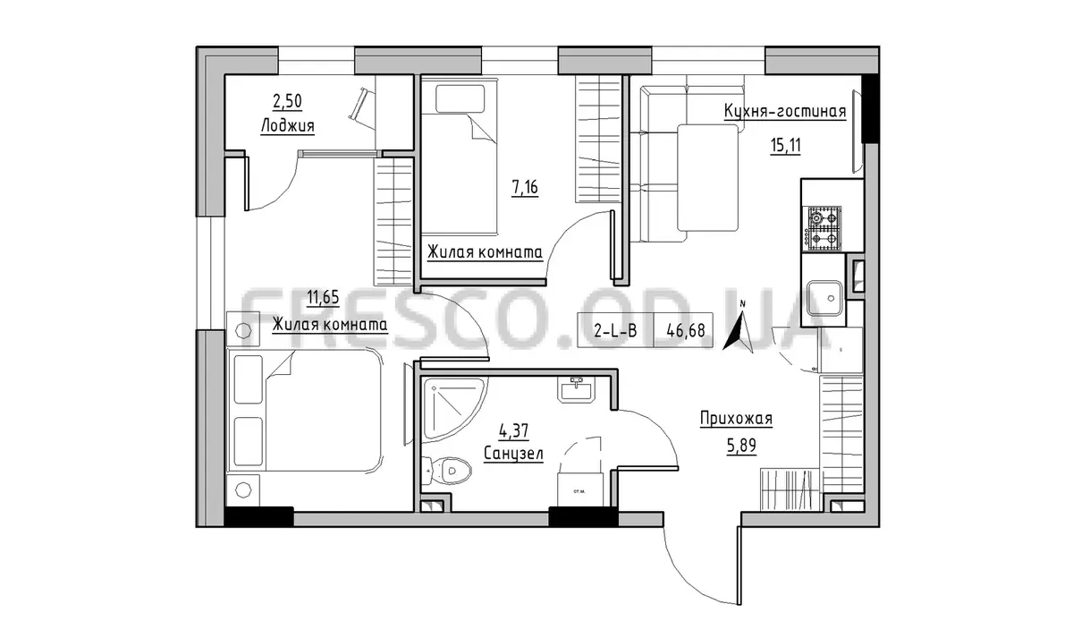 2-room apartment · 46.68 m² · Keks