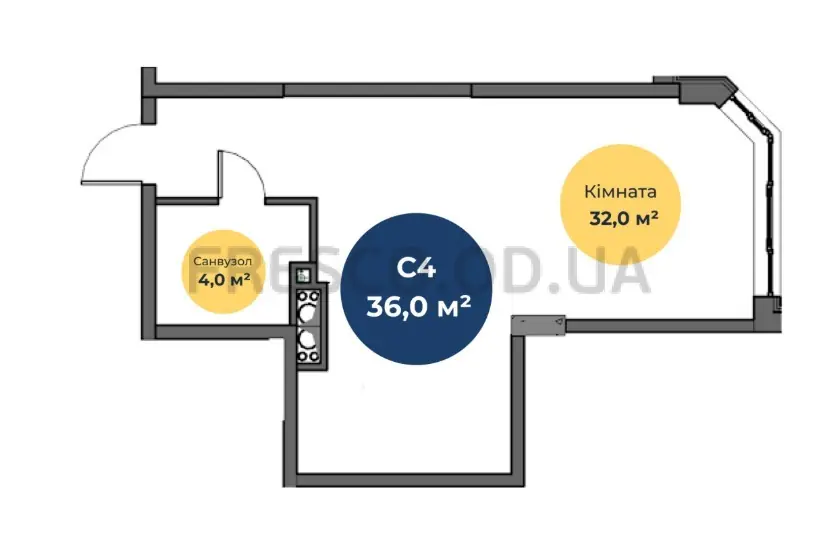 Studio · 35.9 m² · Novaya Evropa
