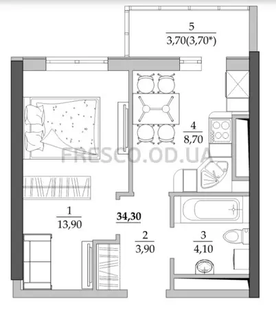 1-room apartment · 34.3 m² · Tairovo Gardens