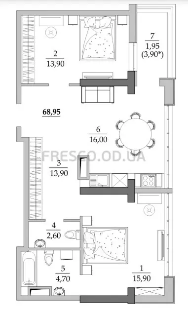 2-room apartment · 68.95 m² · Tairovo Gardens