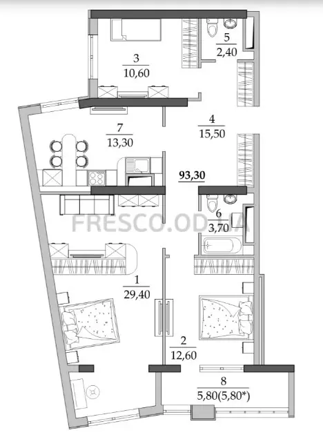 3-room apartment · 93.3 m² · Tairovo Gardens