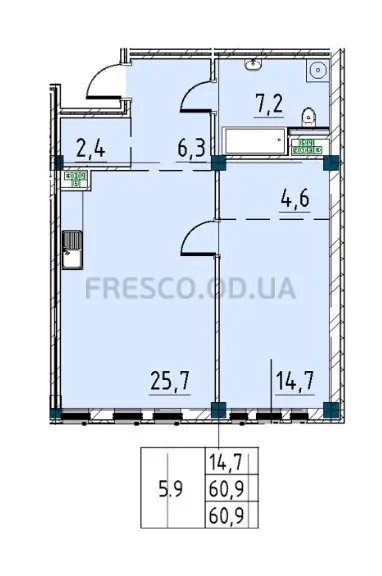 1-room apartment · 60.7 m² · Prostranstvo (Rishelievska)