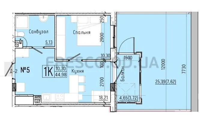 1-room apartment · 45.1 m² · Aquarelle 7