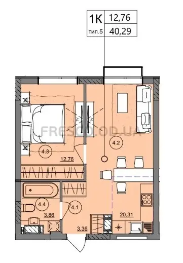 1-room apartment · 40.29 m² · Aquarelle 10