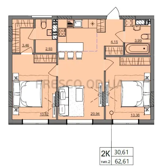 2-room apartment · 62.61 m² · Aquarelle 10