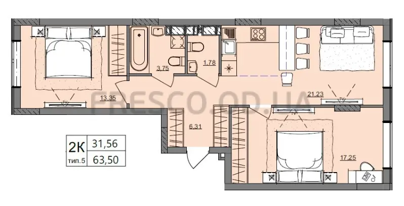 2-room apartment · 63.5 m² · Aquarelle 10