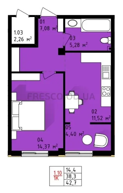1-room apartment · 42.4 m² · Teply Dom Plus