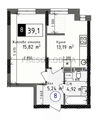 1-room apartment · 39.1 m² · Odessa City