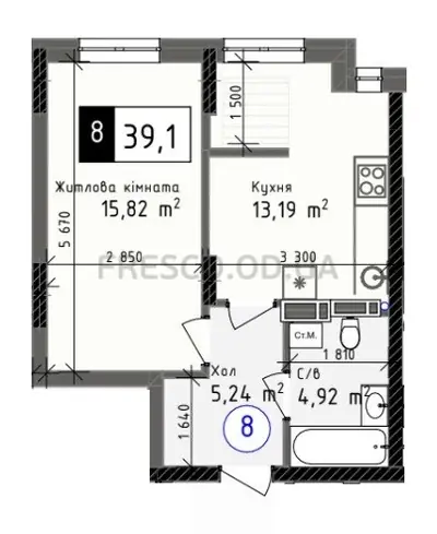 Однокомнатная · 39.1 м² · ЖК Одеса Сити