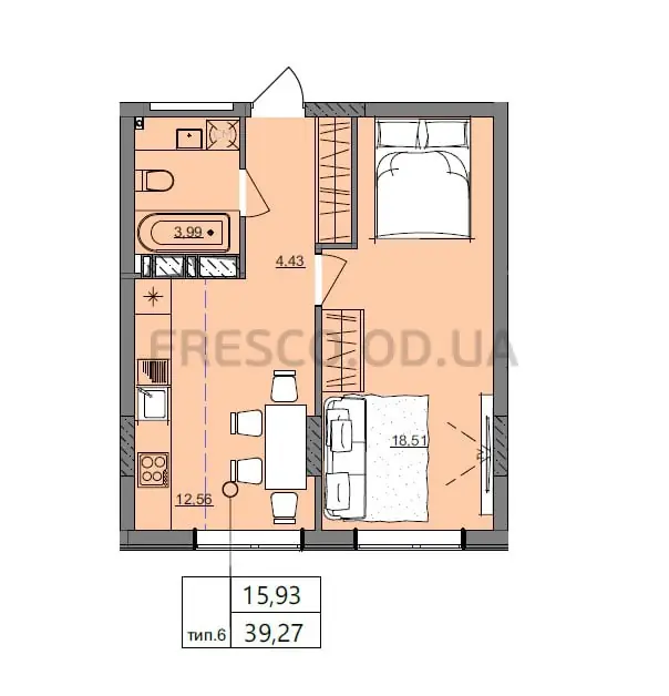1-room apartment · 39.27 m² · Aquarelle 10