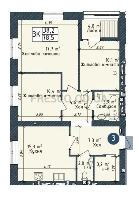 3-room apartment · 76.7 m² · Odessa City