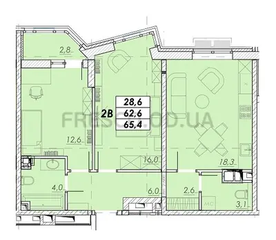 Двухкомнатная · 65.4 м² · ЖК Прохоровский квартал