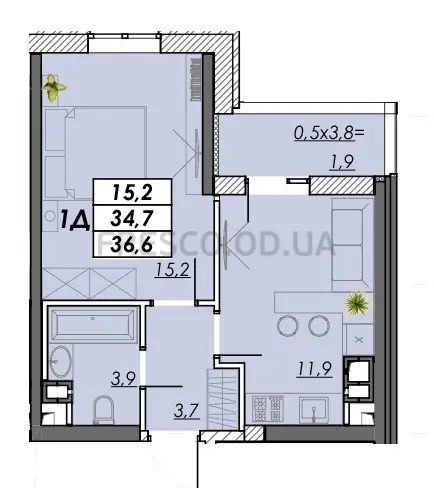 1-room apartment · 36.6 m² · RealPark