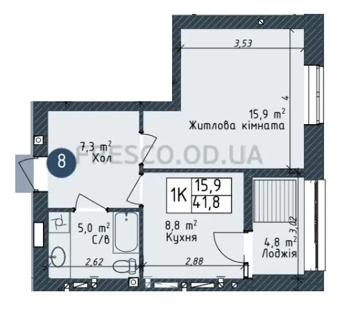 1-room apartment · 41.8 m² · Odessa City