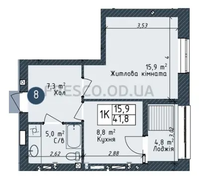 Однокомнатная · 41.8 м² · ЖК Одеса Сити
