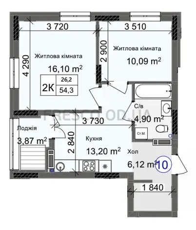 2-room apartment · 54.3 m² · Odessa City