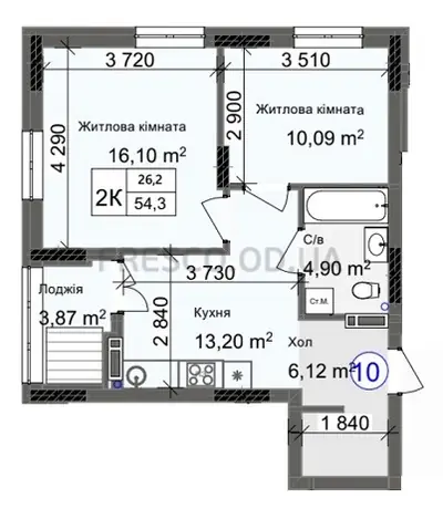 Двухкомнатная · 54.3 м² · ЖК Одеса Сити