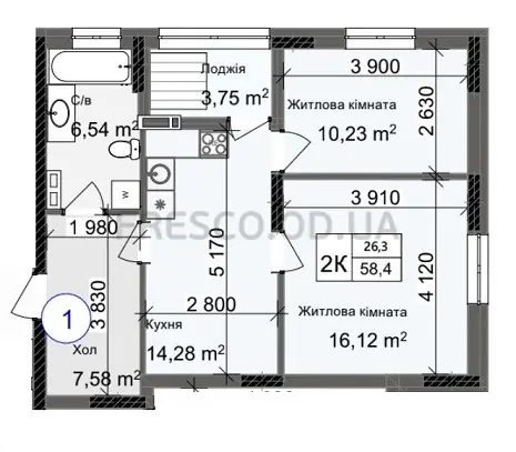 2-room apartment · 58.4 m² · Odessa City
