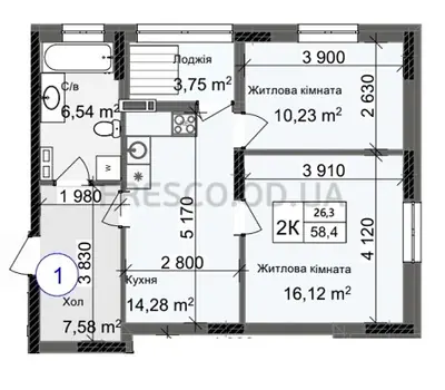 Двухкомнатная · 58.4 м² · ЖК Одеса Сити