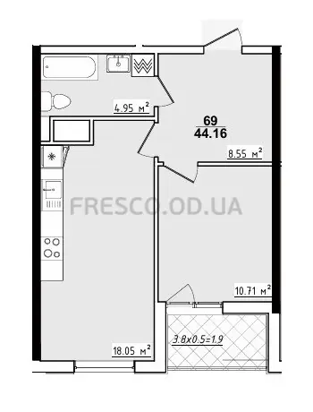 1-room apartment · 44.16 m² · 70 Pearl