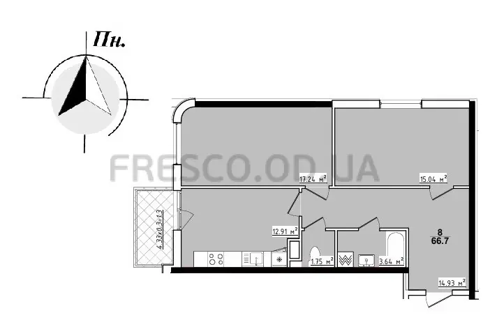 2-room apartment · 66.7 m² · 70 Pearl