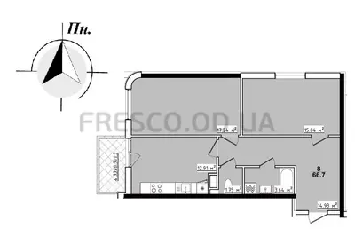 Двухкомнатная · 66.7 м² · ЖК 70 Жемчужина