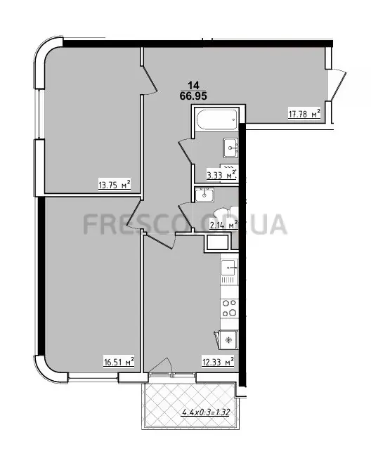 2-room apartment · 66.83 m² · 70 Pearl