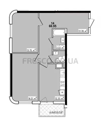 Двухкомнатная · 66.83 м² · ЖК 70 Жемчужина