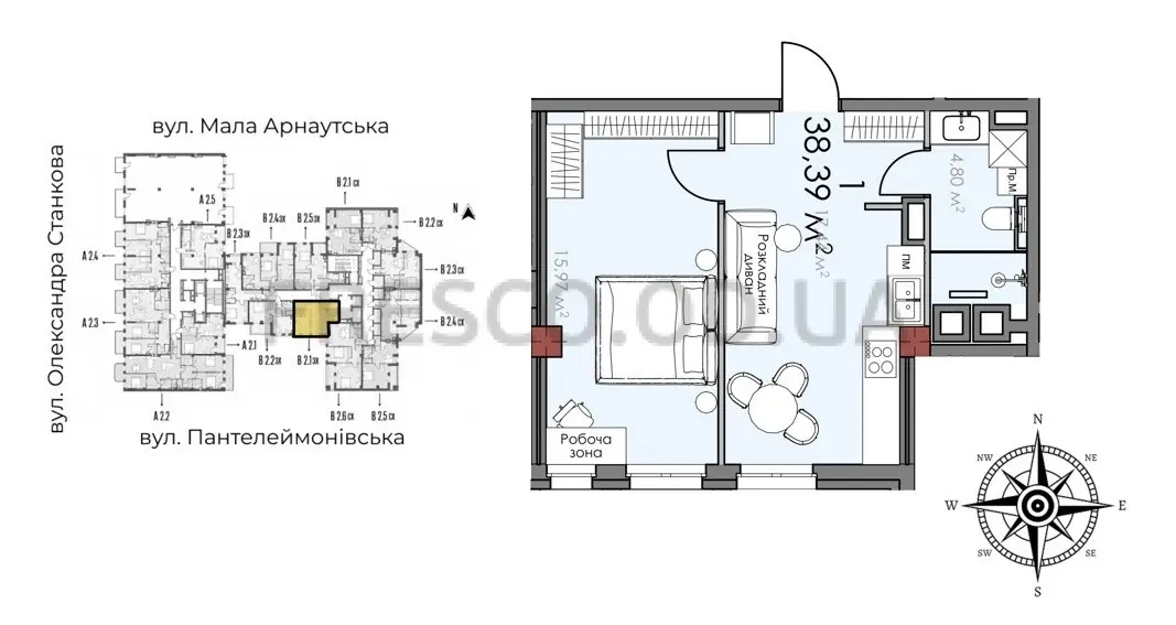 1-room apartment · 38.39 m² · Quarter SOHO