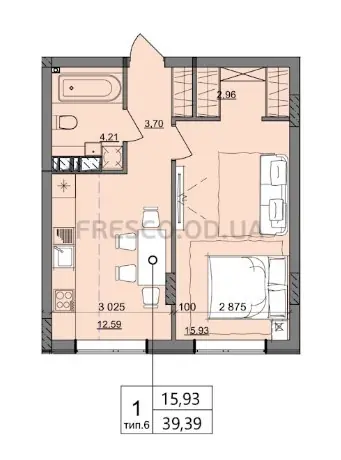 1-room apartment · 39.39 m² · Aquarelle 10