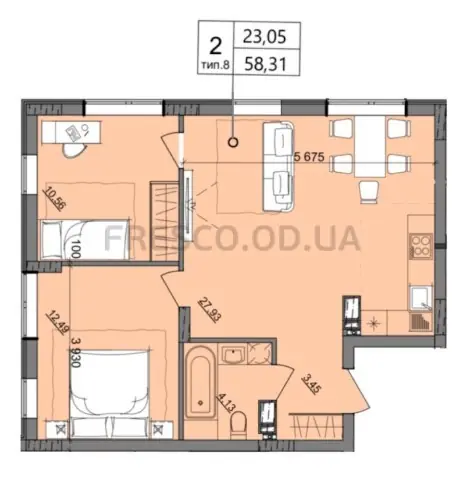 2-room apartment · 58.31 m² · Aquarelle 10