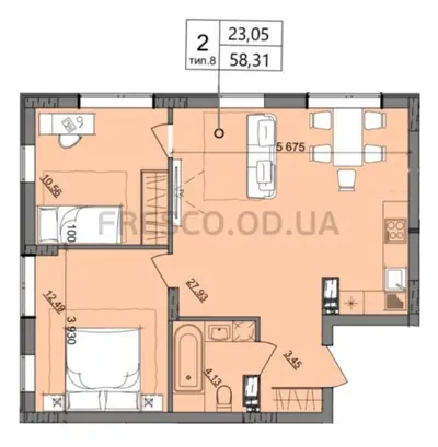 Двухкомнатная · 58.31 м² · ЖК Акварель 10