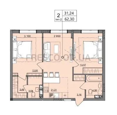 Двухкомнатная · 62.3 м² · ЖК Акварель 10