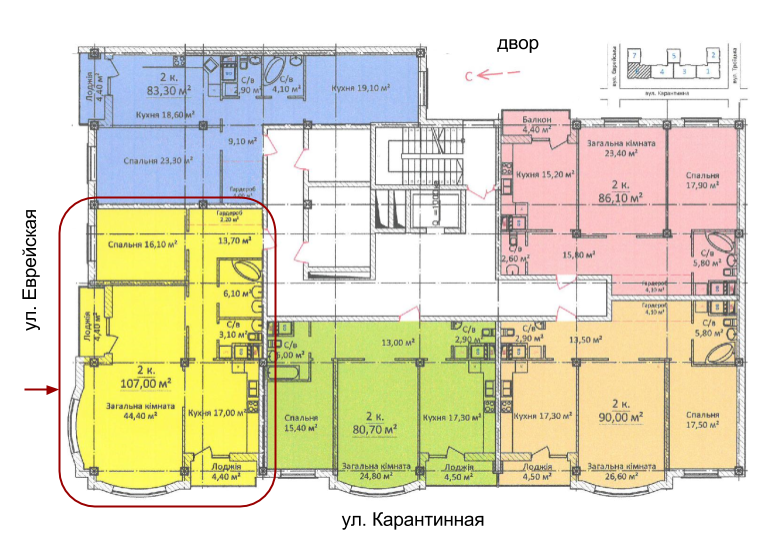 ЖК Дім На Єврейської (Чайна фабрика Будова) однокімнатна 107 розташування На поверсі