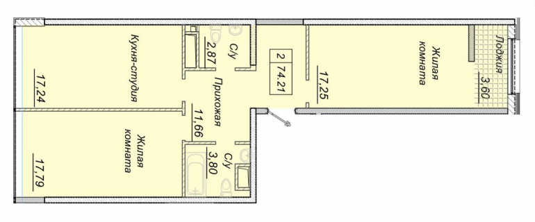 Двокімнатна 74,21 m²
