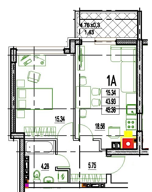 45,36 кв.м ЖК Дербі Граф-Девелопмент (Derby Style House) однокімнатна Планування 