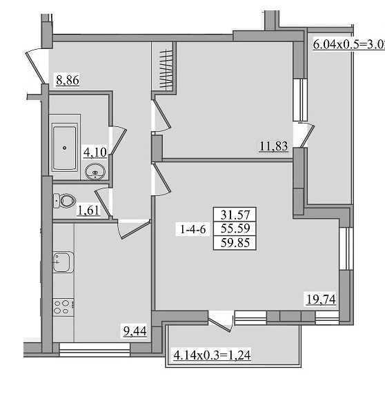59,85 кв.м ЖК Platinum Residence Двокімнатна Планування 