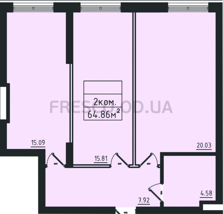 63,5 кв.м Комплекс апартаментів Avinion (Авіньйон) Двокімнатна Планування 