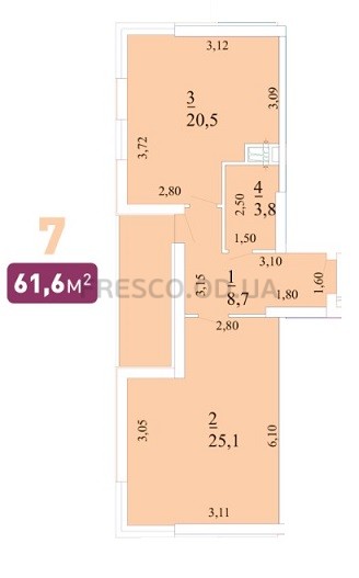 61,6 кв.м ЖК Лотос хол однокімнатна Планування
